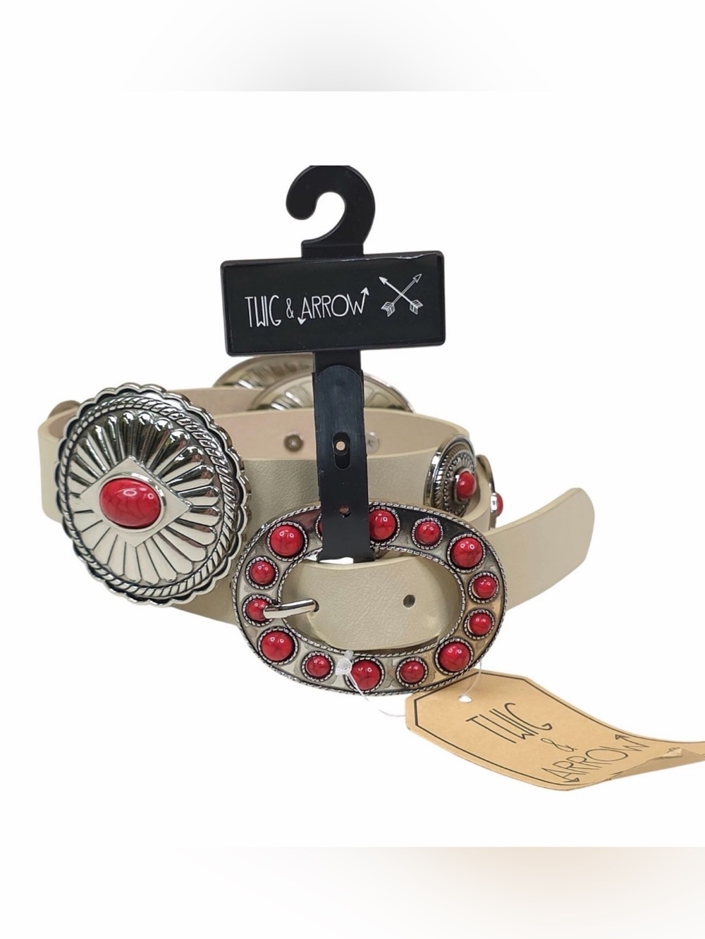 Twig & Arrow Western Concho Belt Beige Faux Leather Red & Silver Women’s S/M NWT